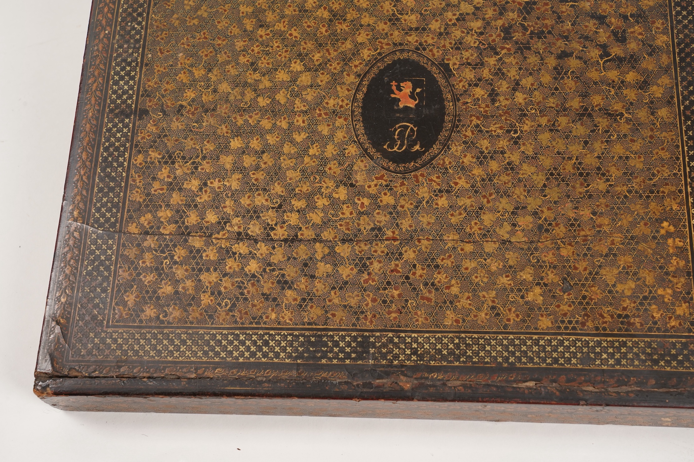 Two Chinese gilt decorated black lacquer games boxes, containing numerous mother-of-pearl counters, 19th century